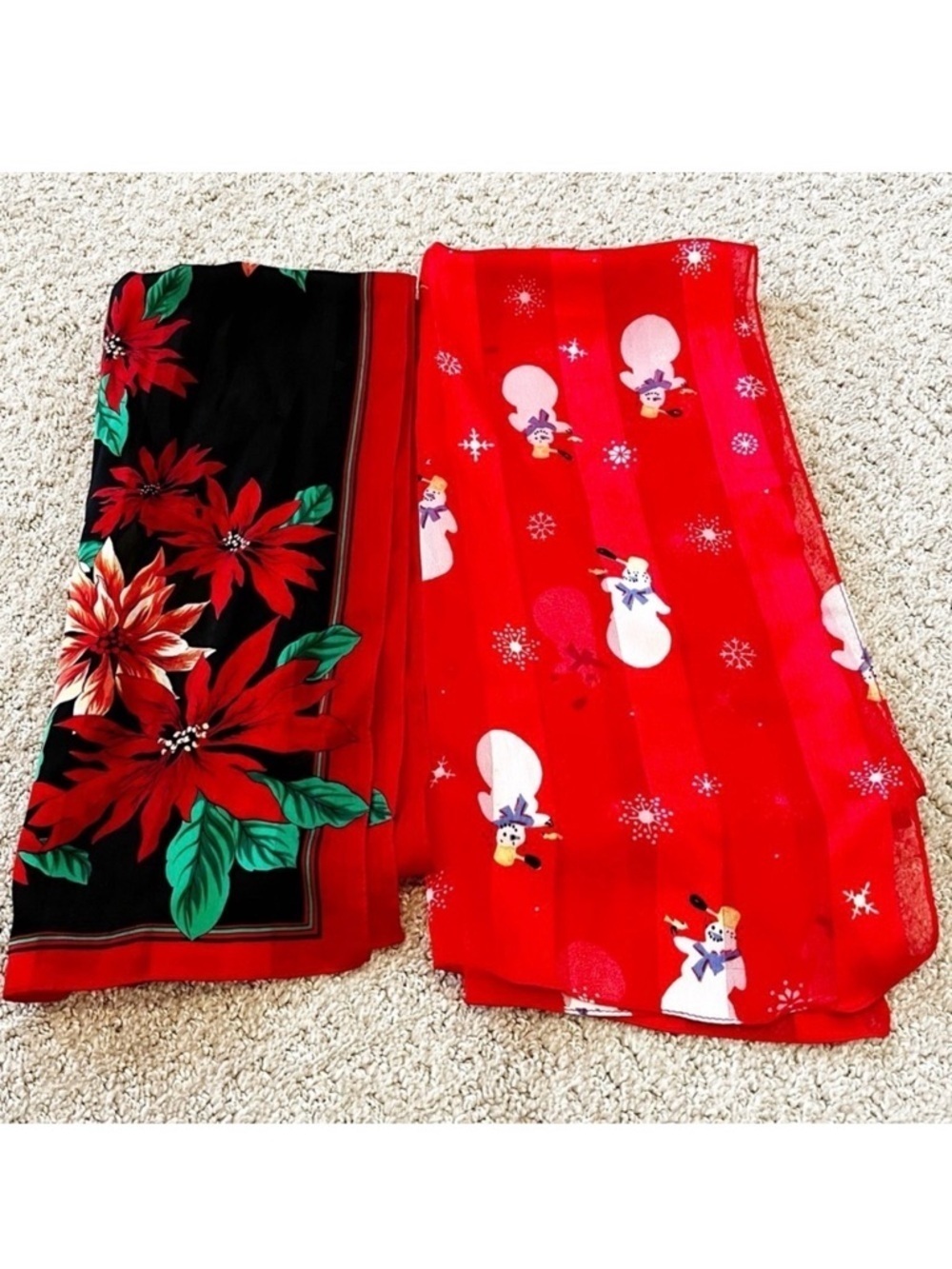 Long Rectangle Christmas Scarf Scarves Poinsettia Snowman Winter Red Lot 2x